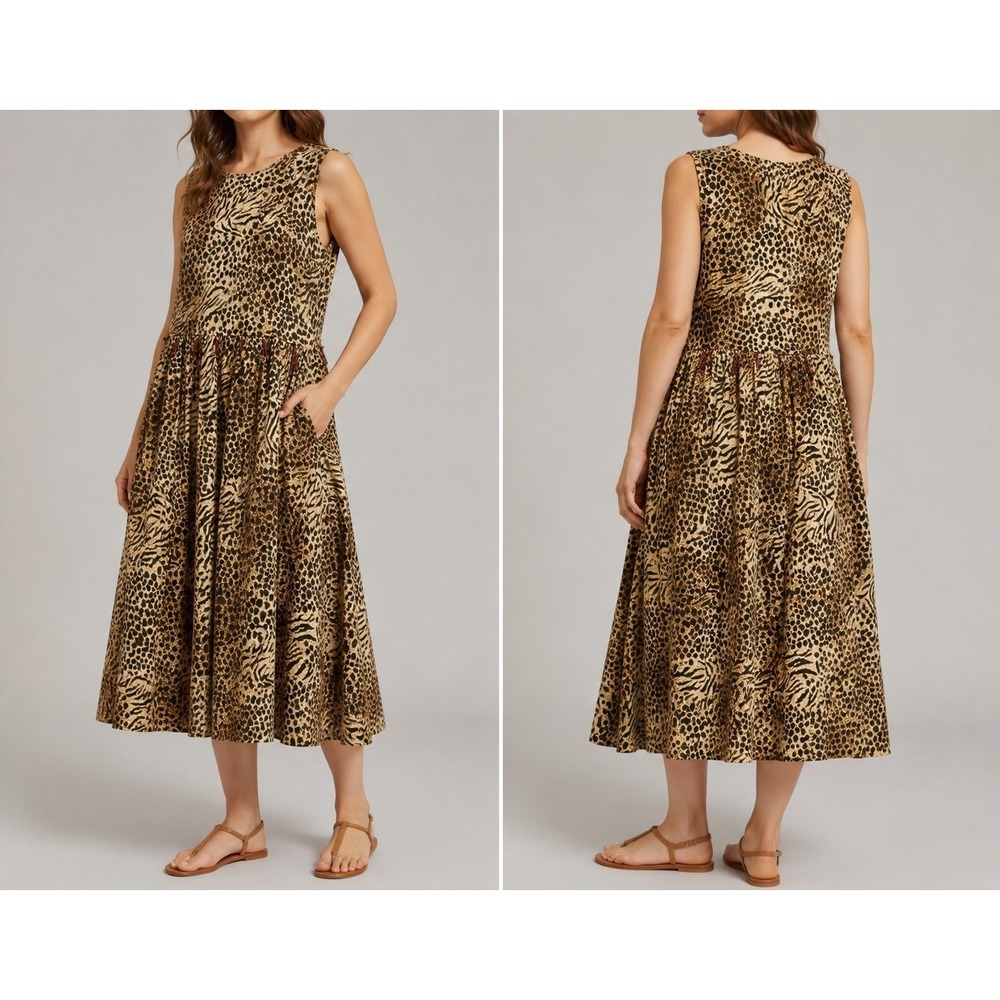 MPH Women's Sleeveless Animal Print Midi Dress Brown Tan Zebra Leopard Size M...